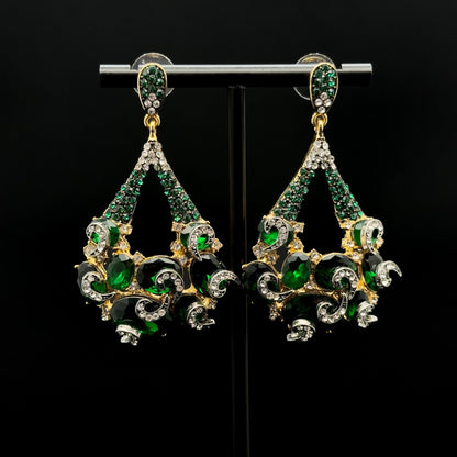 Vintage Art Deco Emerald Teardrop Earrings with Zircon Pearls