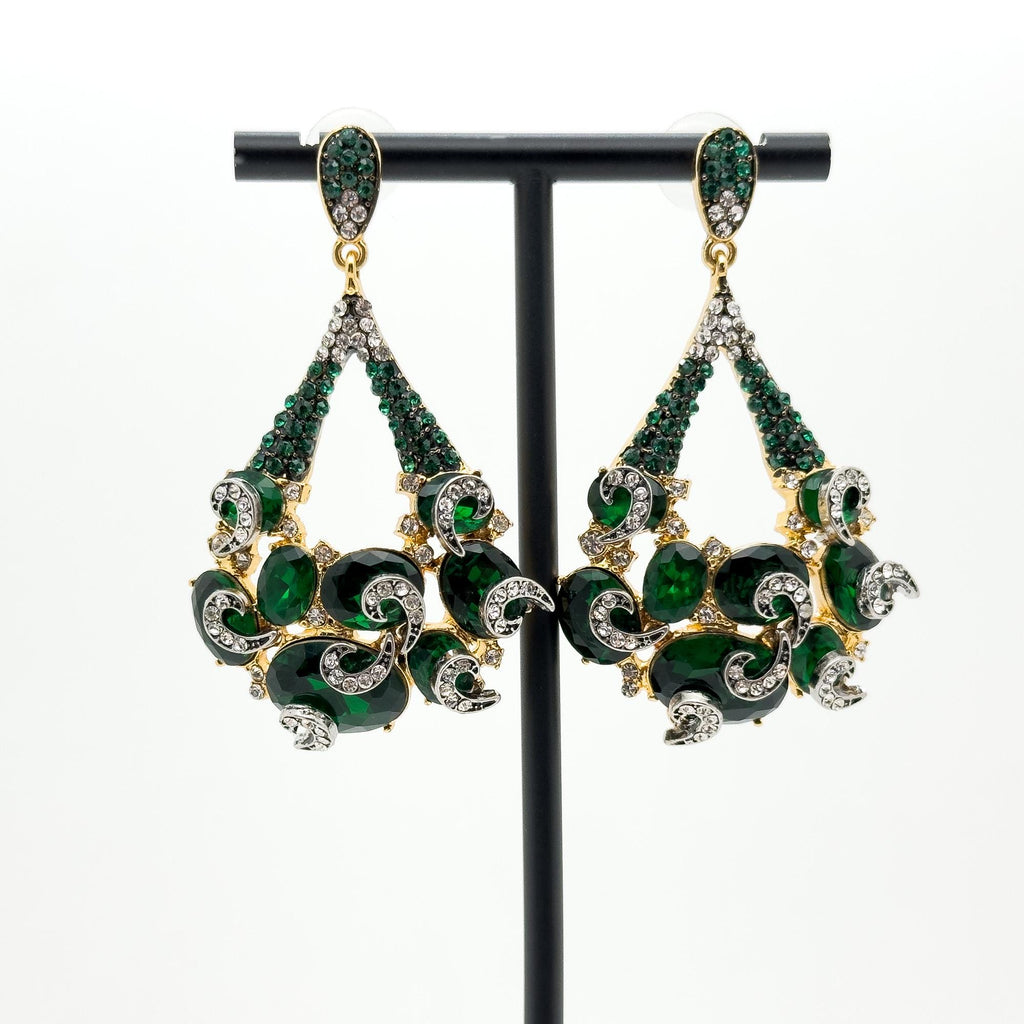 Vintage Art Deco Emerald Teardrop Earrings with Zircon Pearls