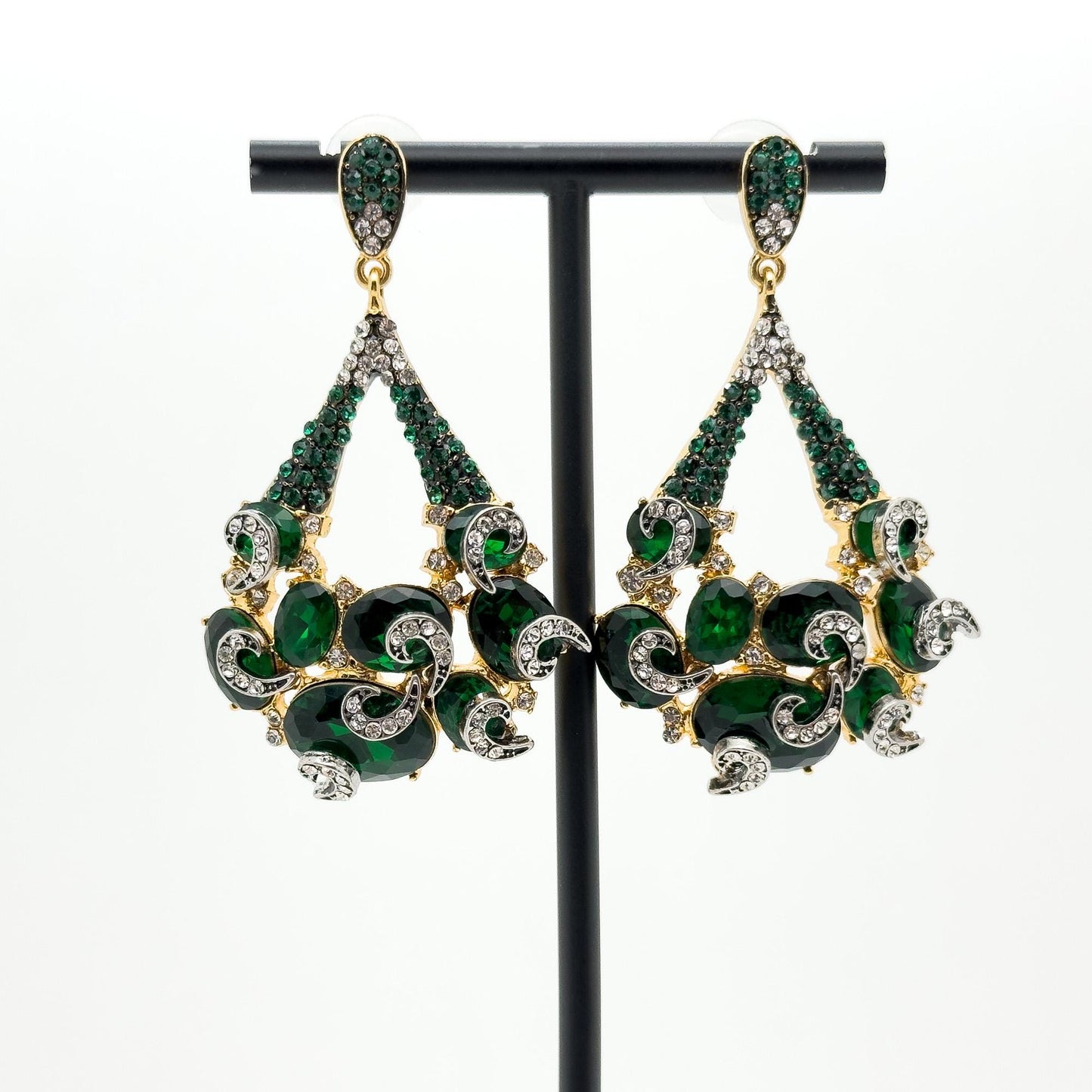 Vintage Art Deco Emerald Teardrop Earrings with Zircon Pearls