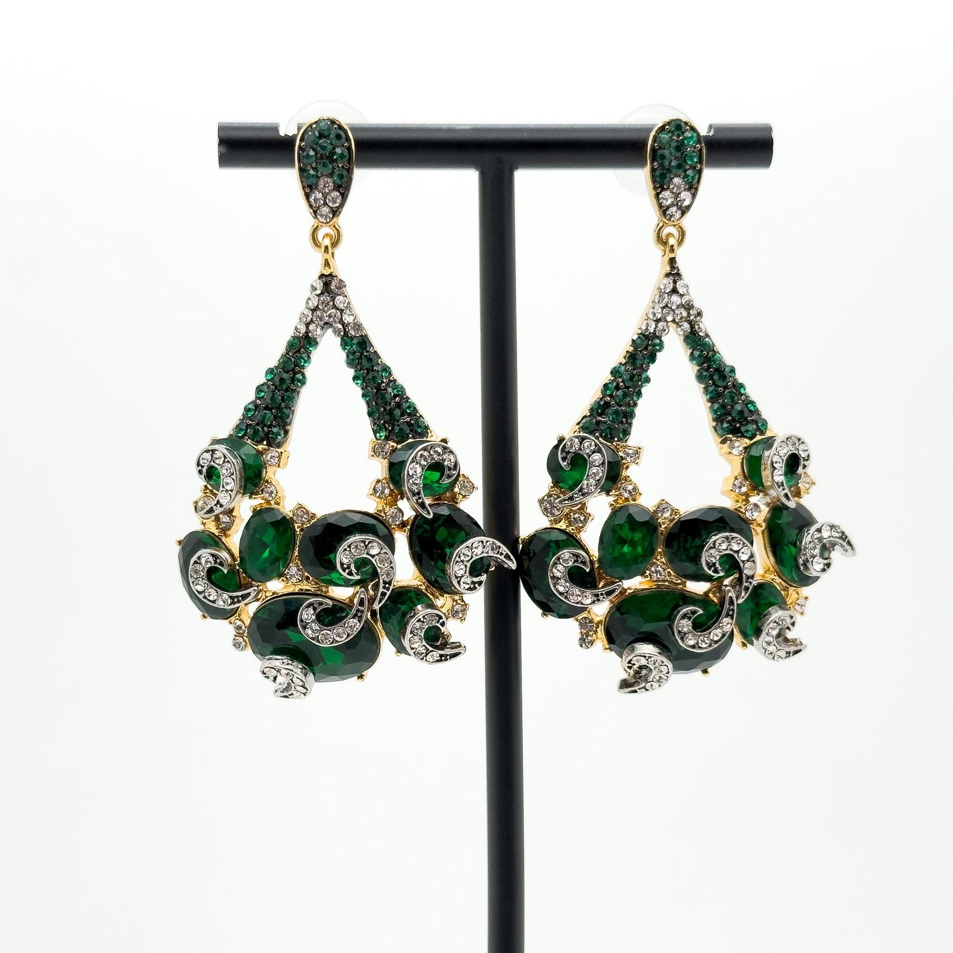 Vintage Art Deco Emerald Teardrop Earrings with Zircon Pearls