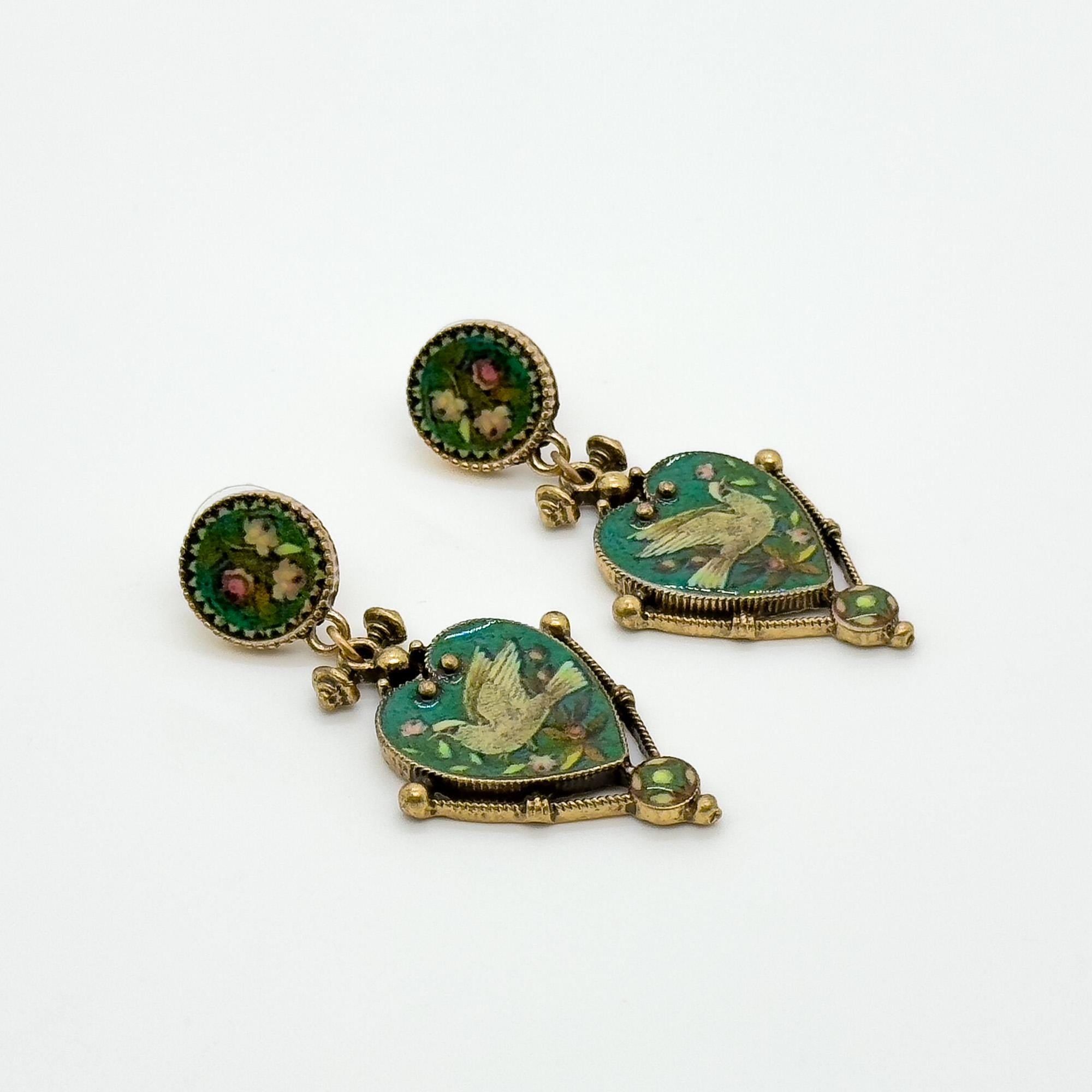 Vintage Art Deco Enamel Copper Earrings and Pigeon Pendant Set