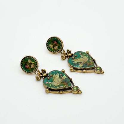 Vintage Art Deco Enamel Copper Earrings and Pigeon Pendant Set