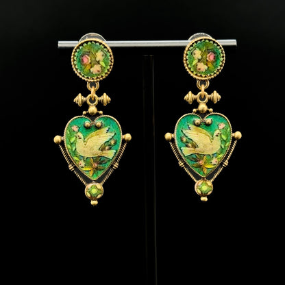 Vintage Art Deco Enamel Copper Earrings and Pigeon Pendant Set