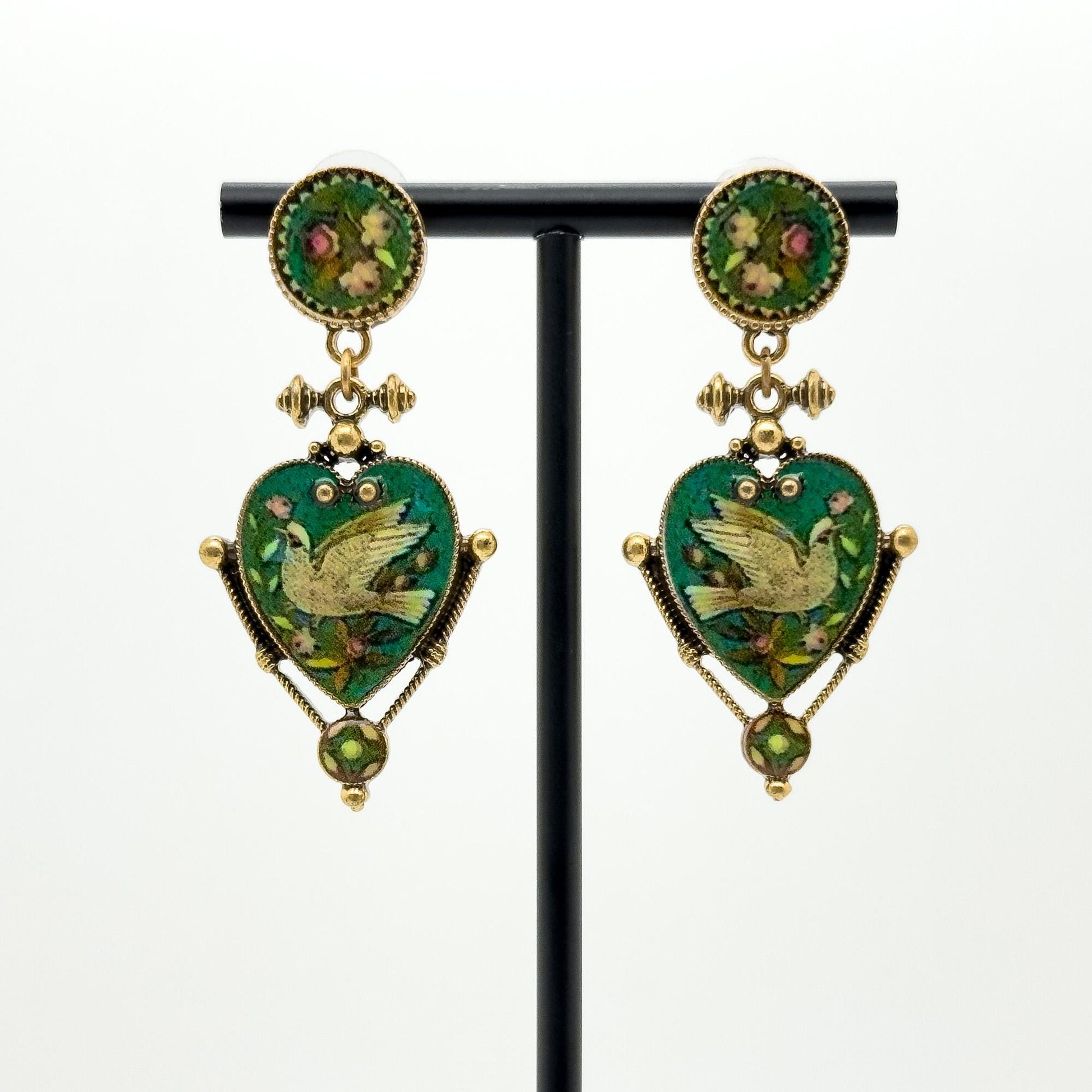 Vintage Art Deco Enamel Copper Earrings and Pigeon Pendant Set