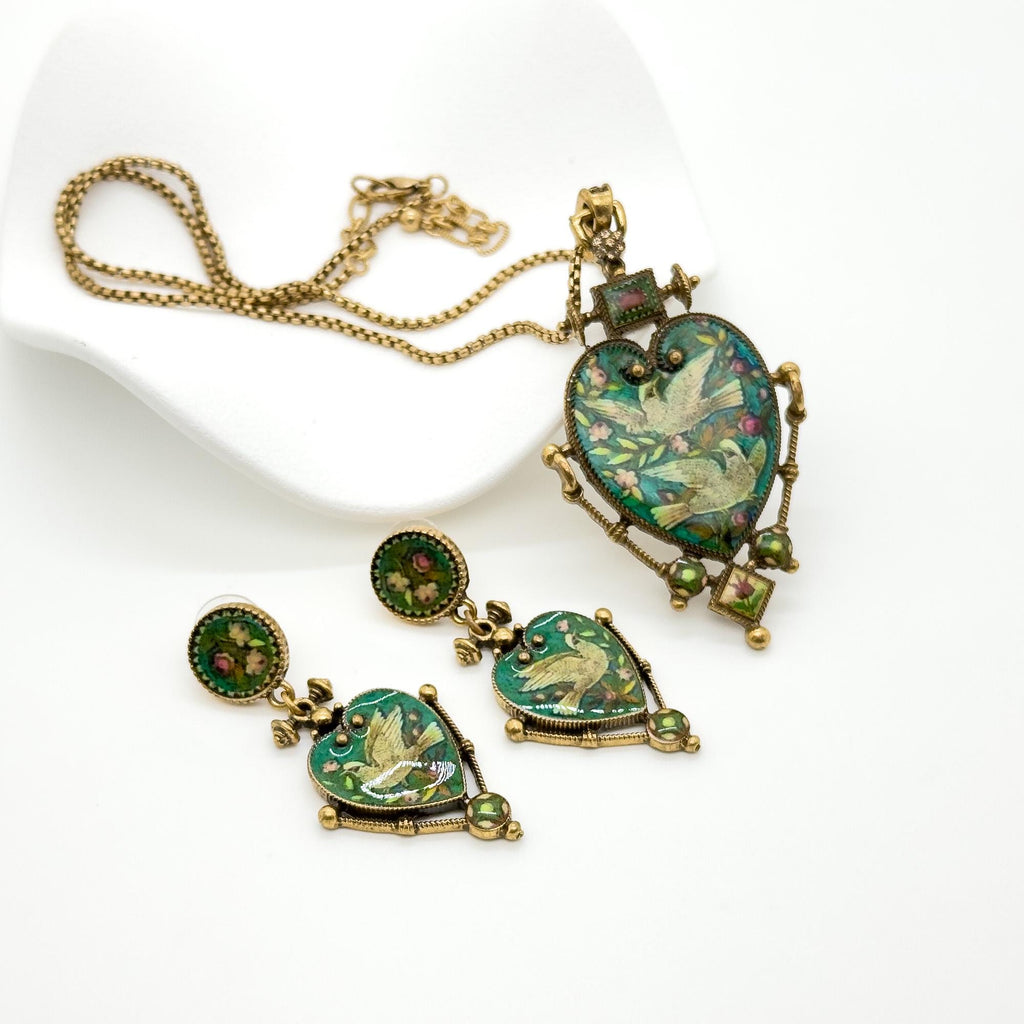 Vintage Art Deco Enamel Copper Earrings and Pigeon Pendant Set