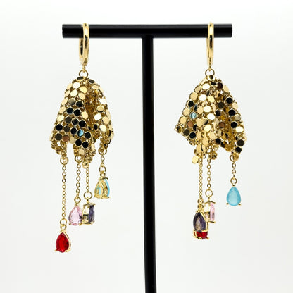 Art Deco Sequin Tassel Earrings with Zircon Copper Detail