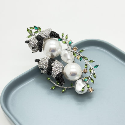 Art Deco Panda Brooch Rhinestone Pearl Copper Large Coat Pin