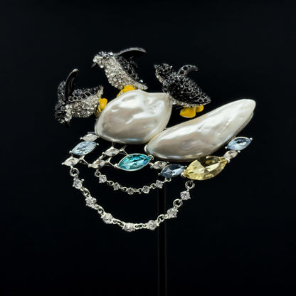 Art Deco Penguin Rhinestone Pearl Copper Large Statement Brooch Pin