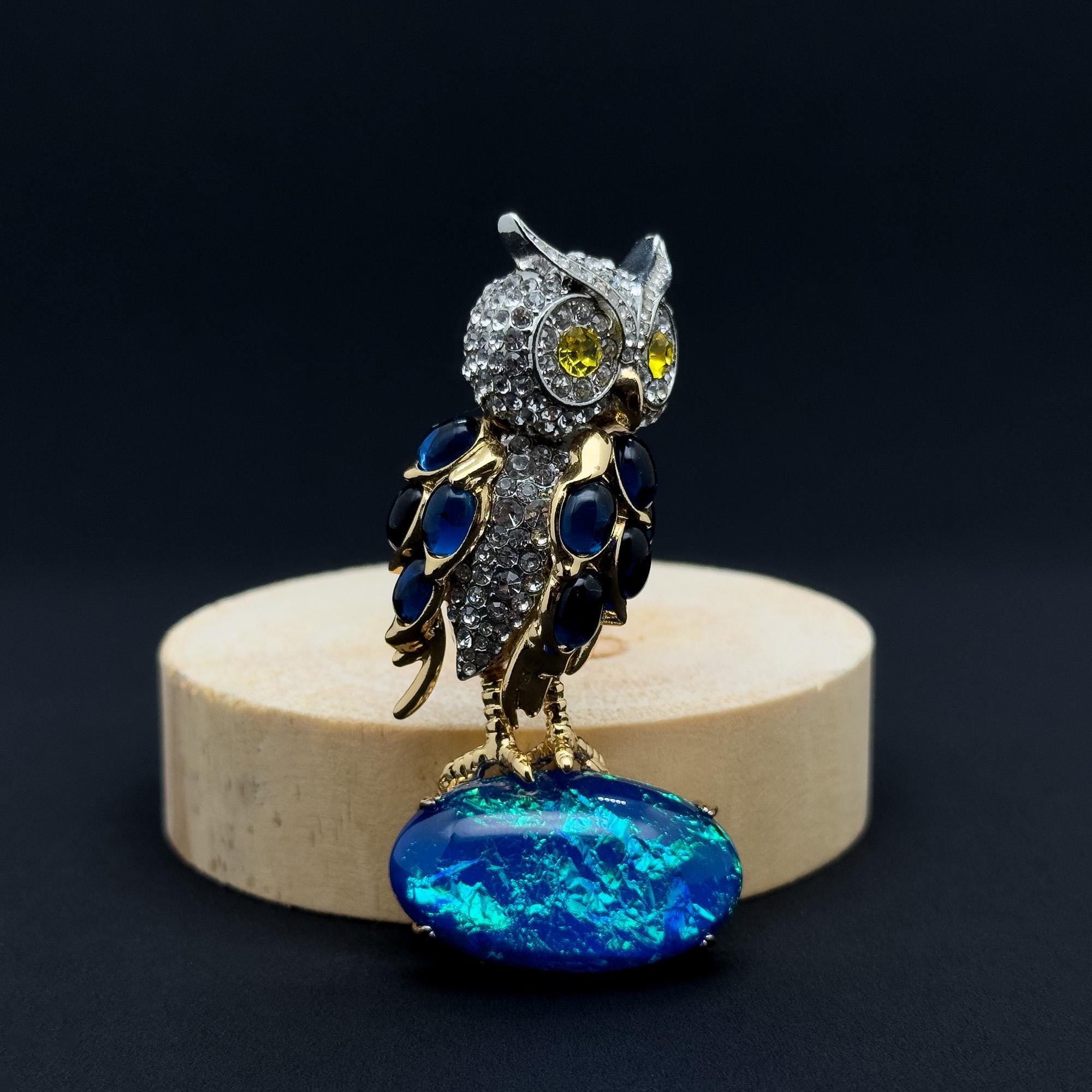 Art Deco Owl Brooch Rhinestone Pearl Copper Handcrafted Pin