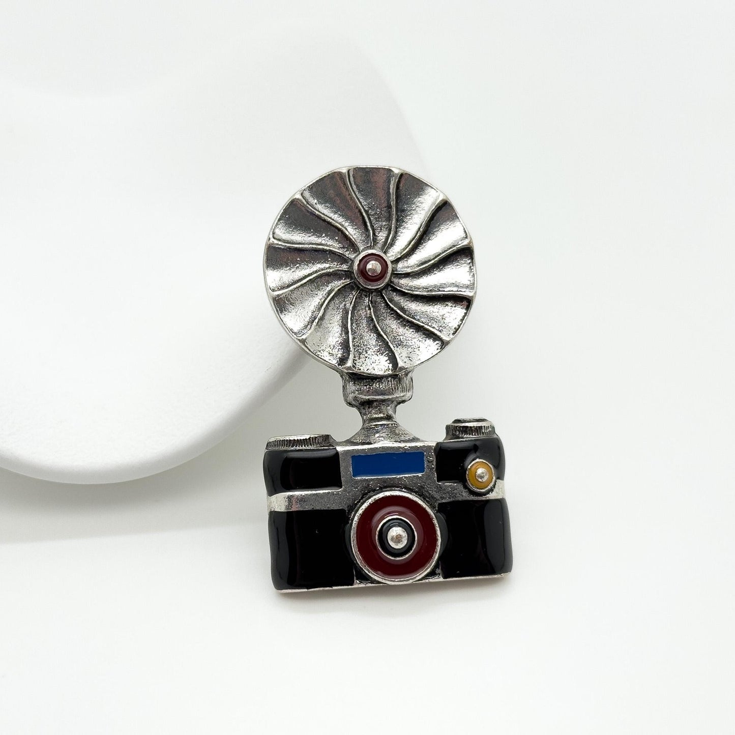Art Deco Vintage Camera Brooch Copper Enamel Pin Accessory