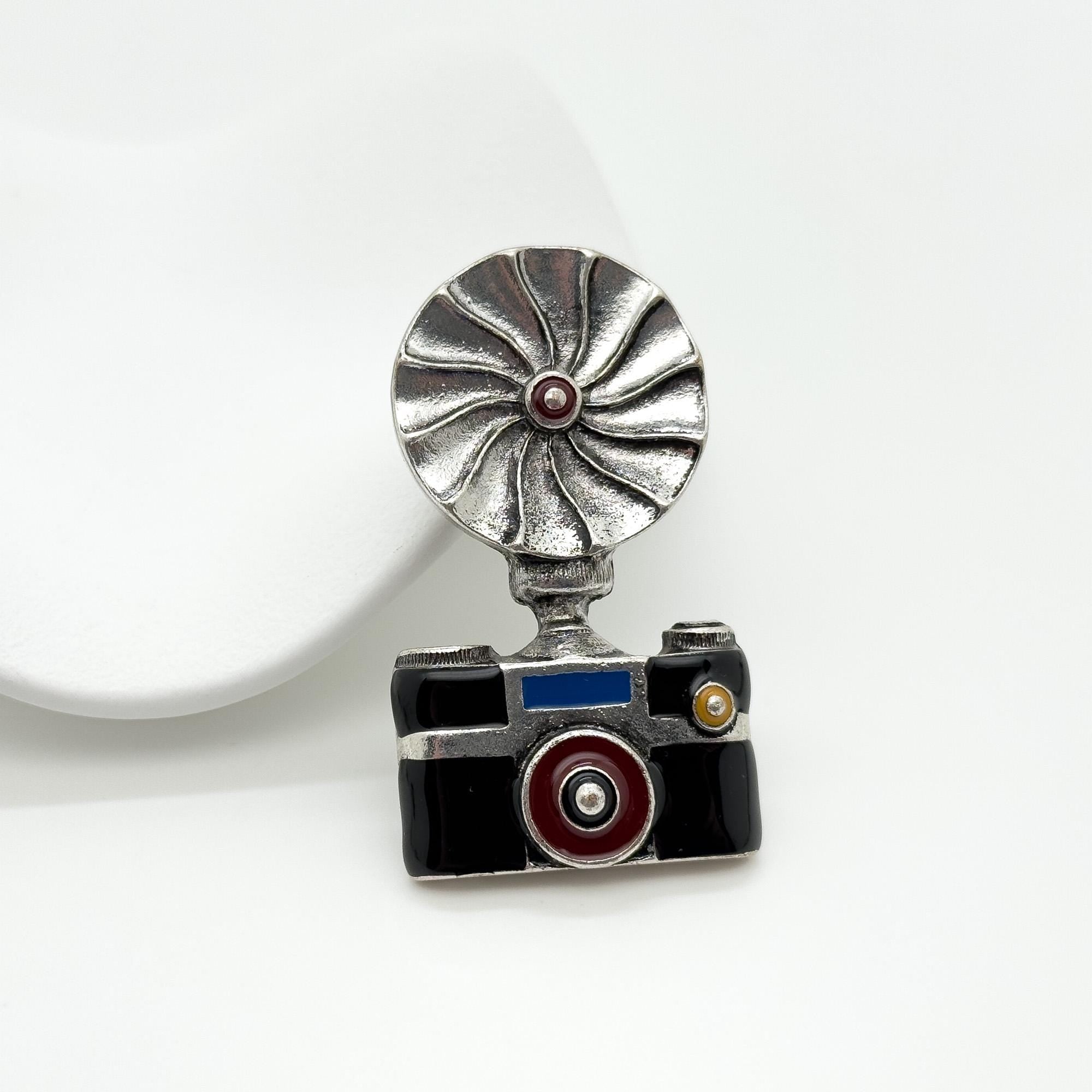 Art Deco Vintage Camera Brooch Copper Enamel Pin Accessory