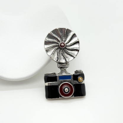 Art Deco Vintage Camera Brooch Copper Enamel Pin Accessory