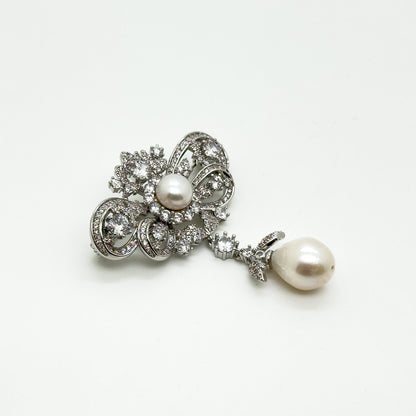 Vintage Rhinestone Bow Brooch with Dangling Pearl Pendant, Copper