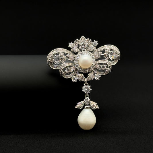 Vintage Rhinestone Bow Brooch with Dangling Pearl Pendant, Copper