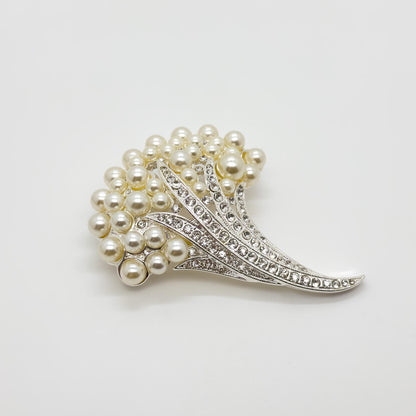 Vintage Pearl Flower Brooch with Rhinestones, Copper Base, Gift Box