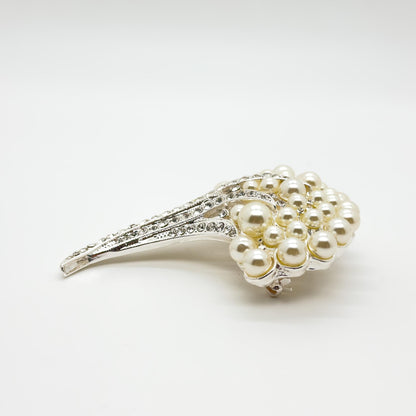 Vintage Pearl Flower Brooch with Rhinestones, Copper Base, Gift Box