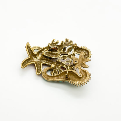Vintage Seahorse Ocean Brooch with Enamel Rhinestones Copper Finish