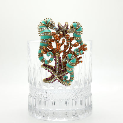 Vintage Seahorse Ocean Brooch with Enamel Rhinestones Copper Finish