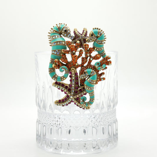 Vintage Seahorse Ocean Brooch with Enamel Rhinestones Copper Finish