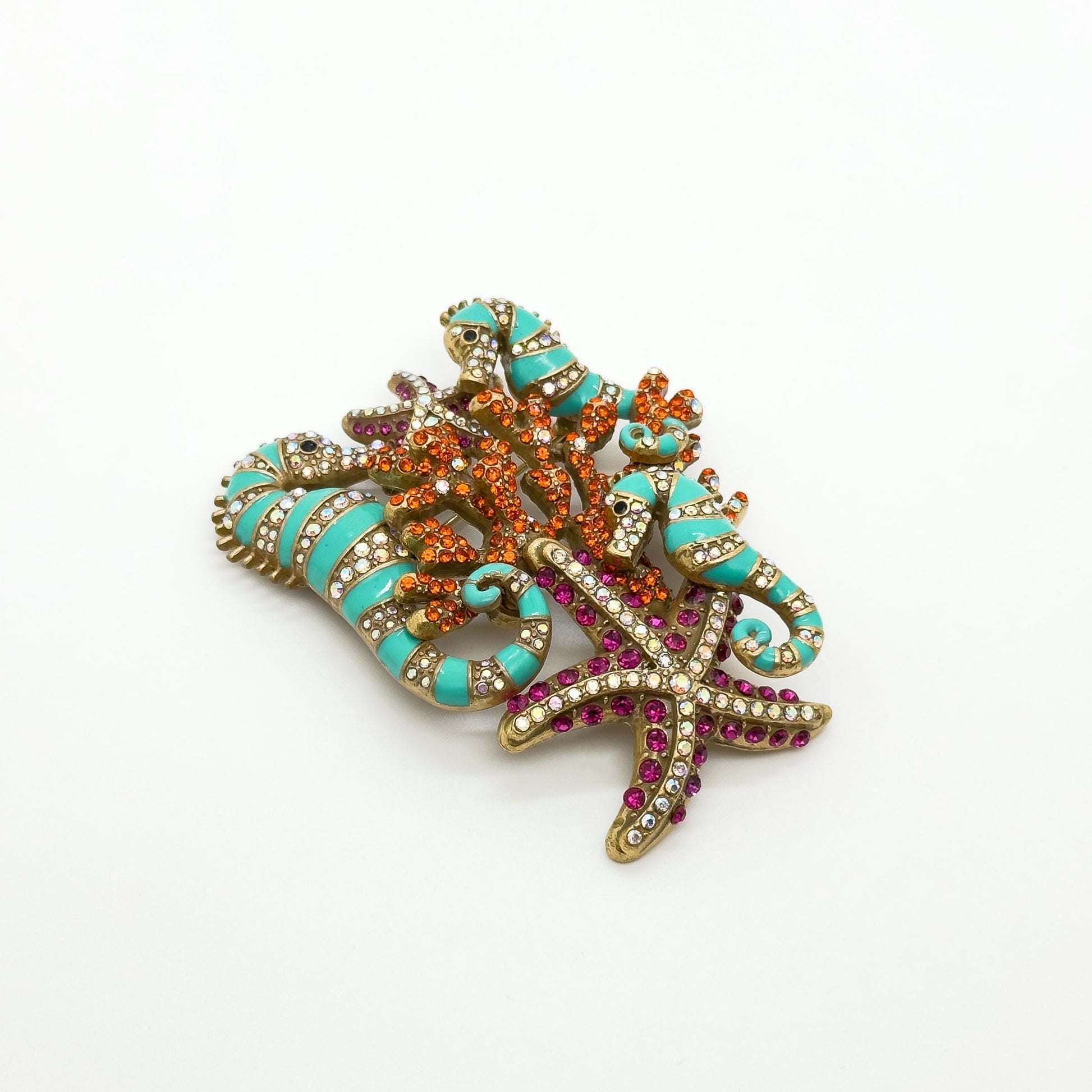 Vintage Seahorse Ocean Brooch with Enamel Rhinestones Copper Finish
