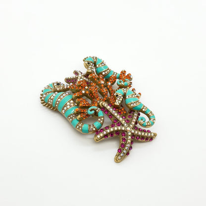 Vintage Seahorse Ocean Brooch with Enamel Rhinestones Copper Finish