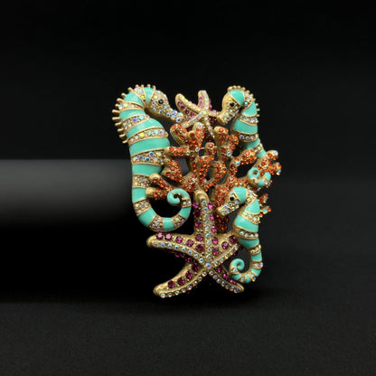Vintage Seahorse Ocean Brooch with Enamel Rhinestones Copper Finish