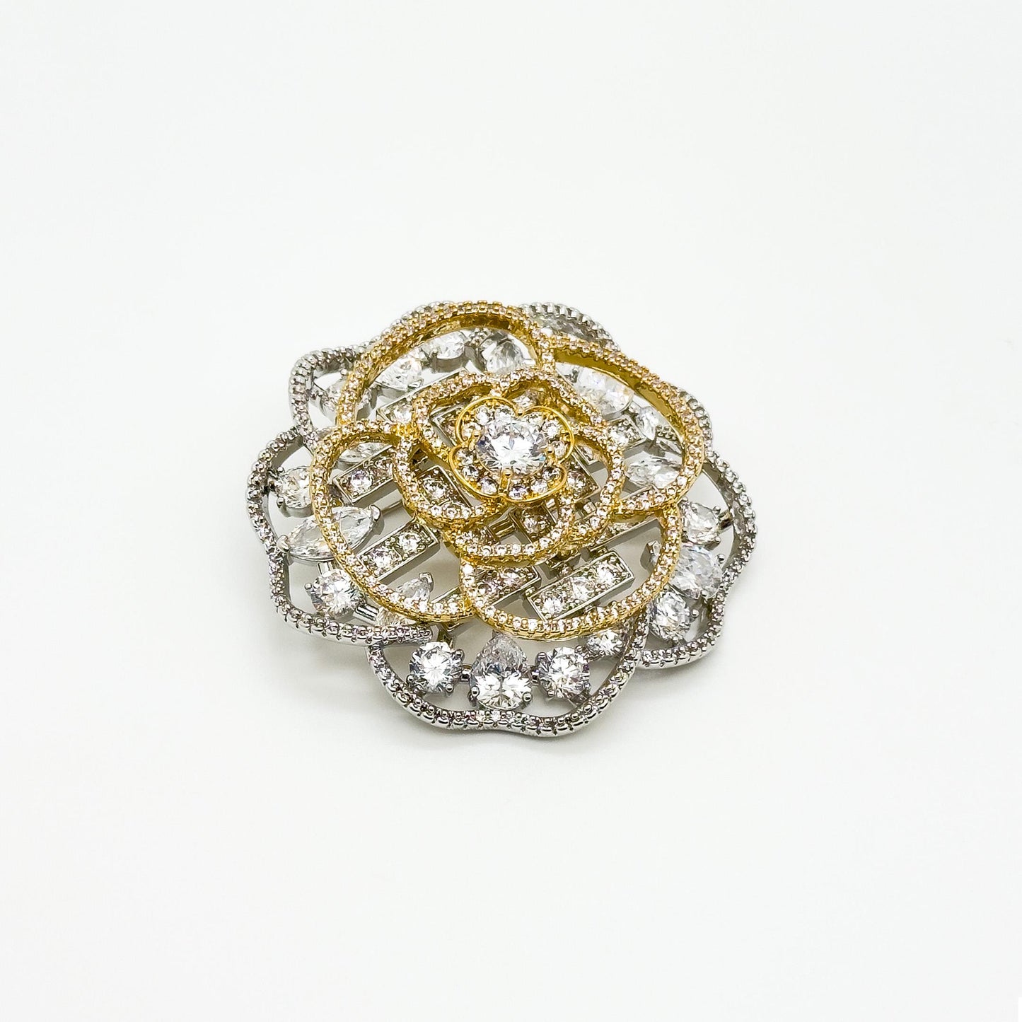 Gold Hollow Flower Brooch with Zircon Rhinestones and Copper