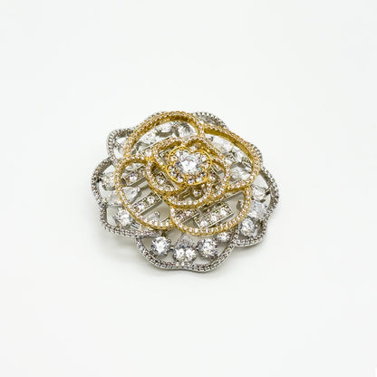 Gold Hollow Flower Brooch with Zircon Rhinestones and Copper