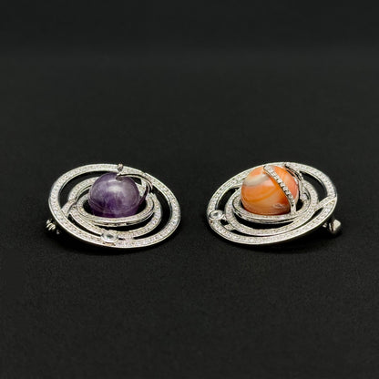 Handmade Stone Planet Brooch Universe Copper Pin Artistic Gift