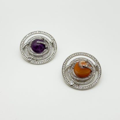 Handmade Stone Planet Brooch Universe Copper Pin Artistic Gift