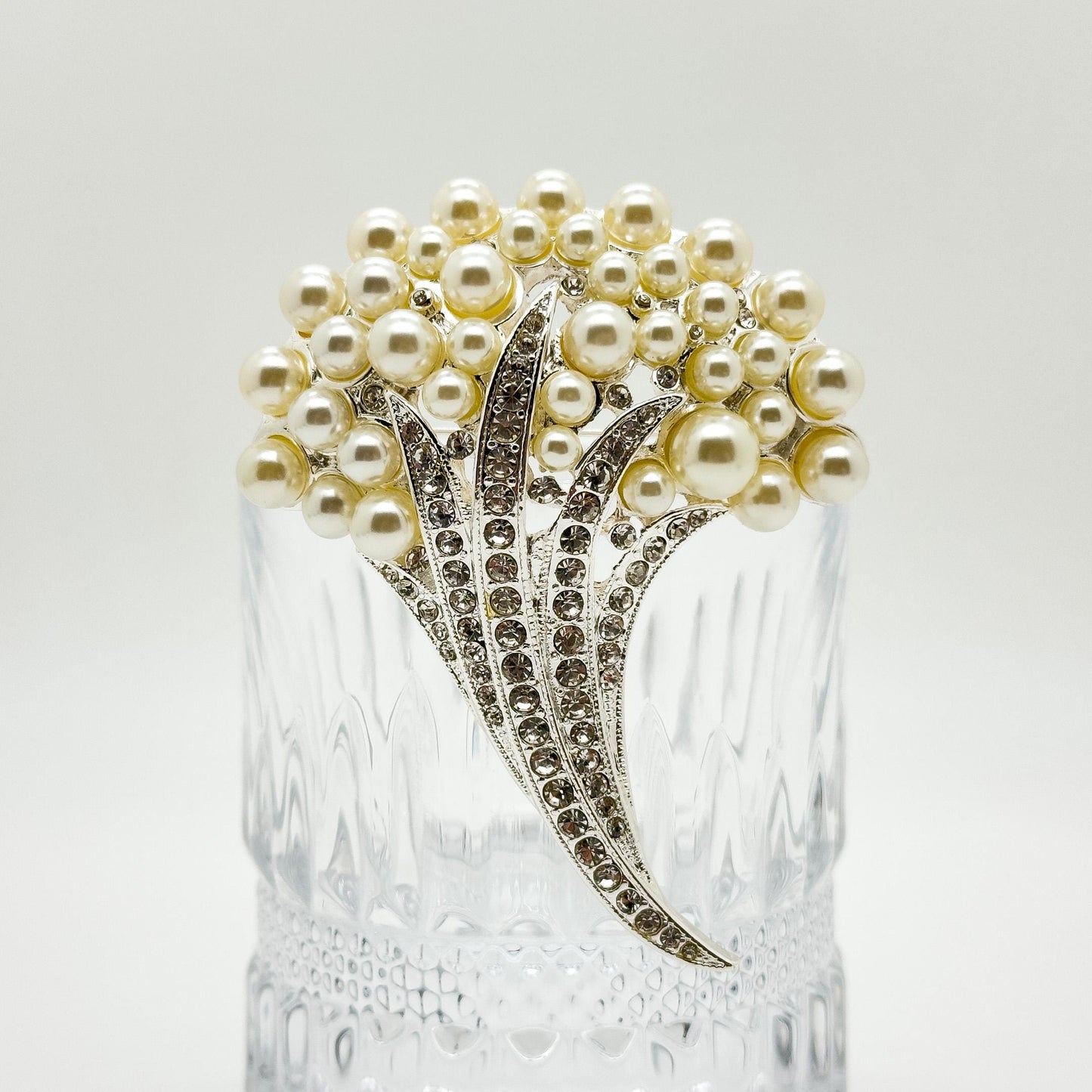 Vintage Pearl Flower Brooch with Rhinestones, Copper Base, Gift Box