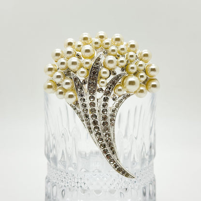 Vintage Pearl Flower Brooch with Rhinestones, Copper Base, Gift Box