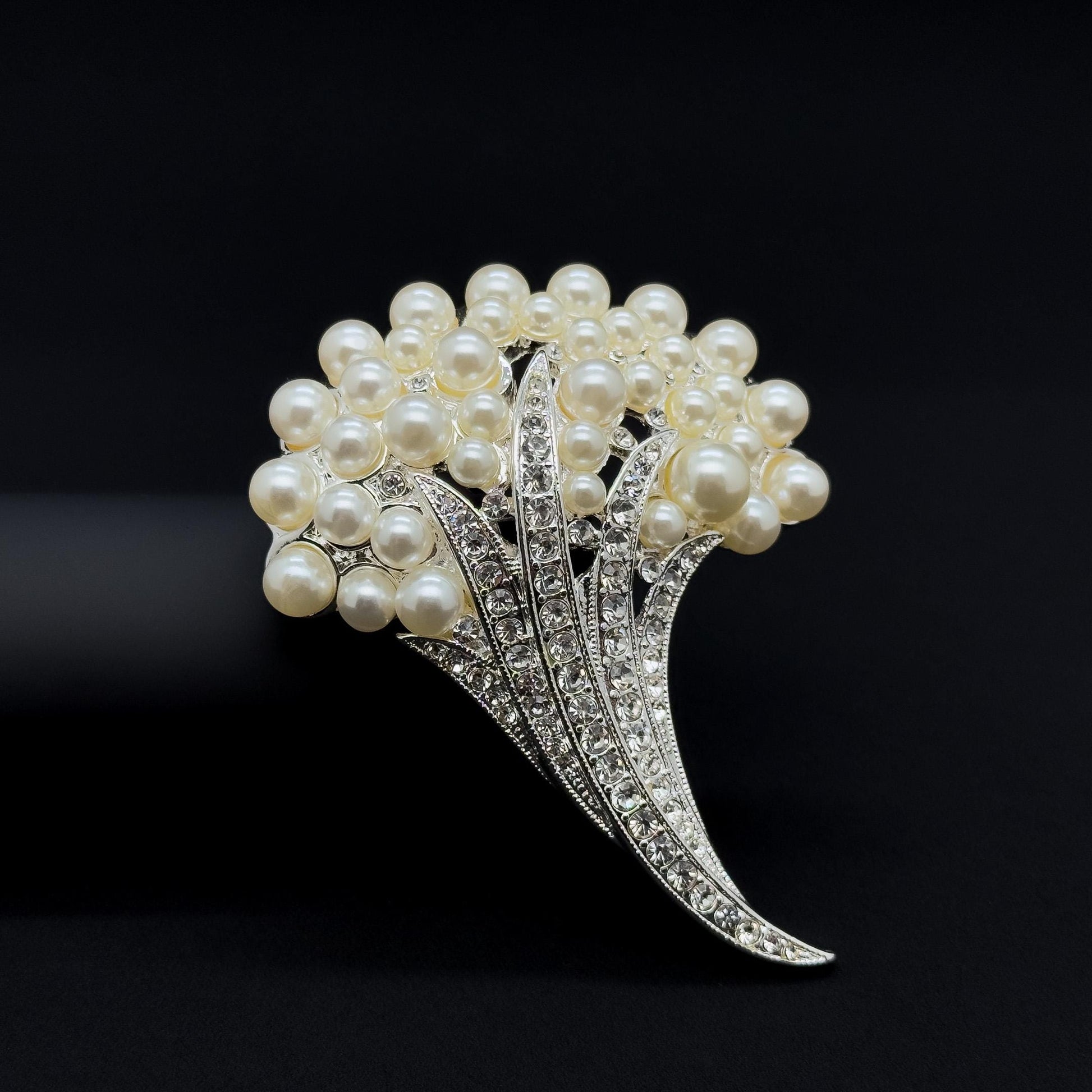 Vintage Pearl Flower Brooch with Rhinestones, Copper Base, Gift Box