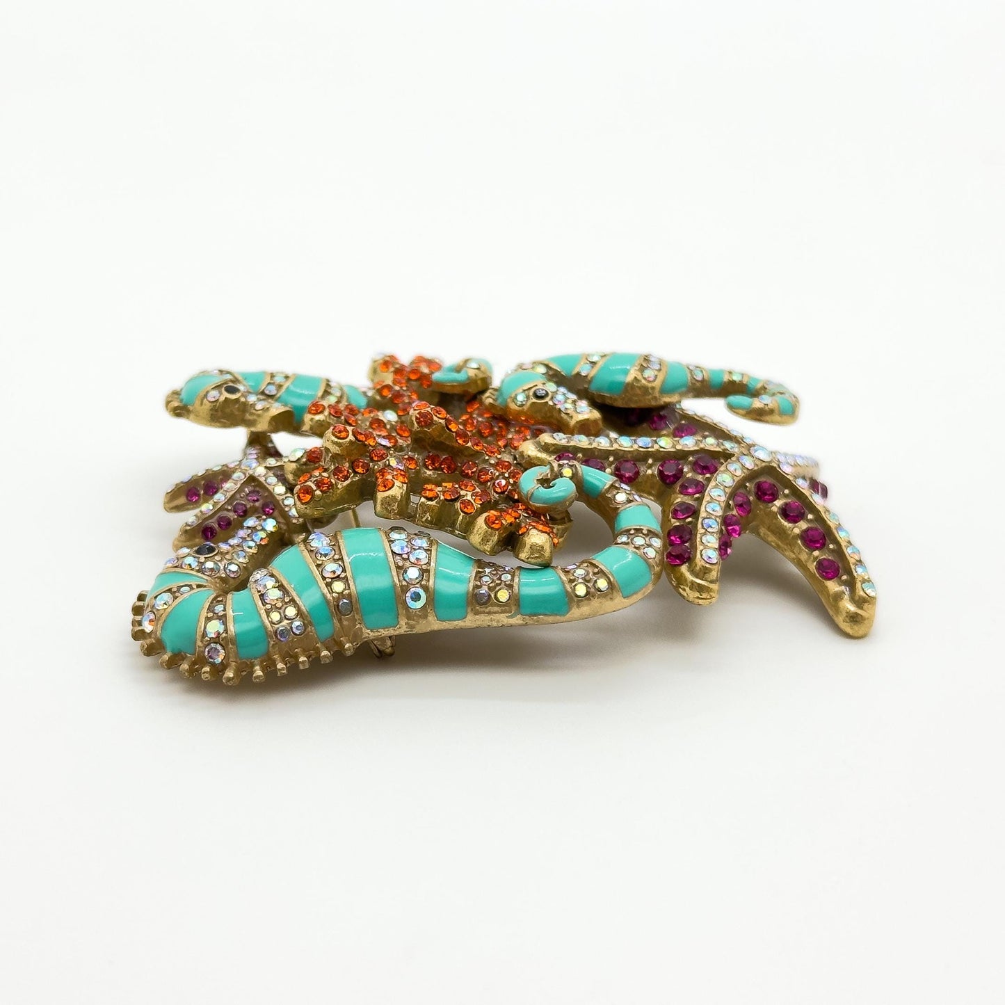 Vintage Seahorse Ocean Brooch with Enamel Rhinestones Copper Finish