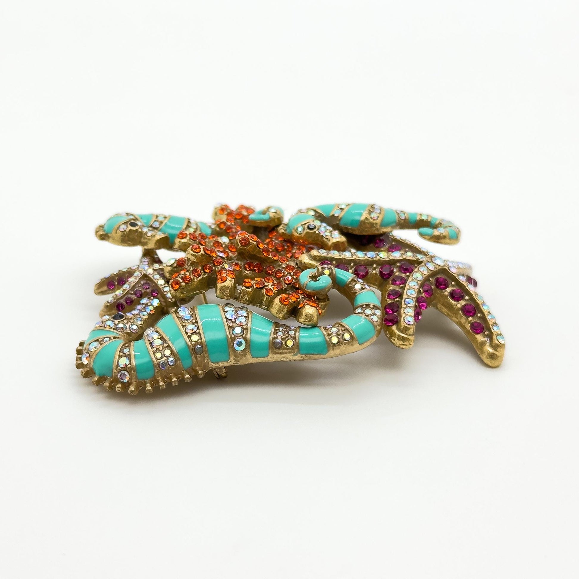 Vintage Seahorse Ocean Brooch with Enamel Rhinestones Copper Finish