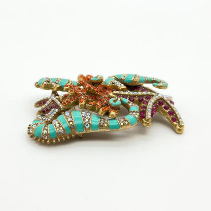 Vintage Seahorse Ocean Brooch with Enamel Rhinestones Copper Finish