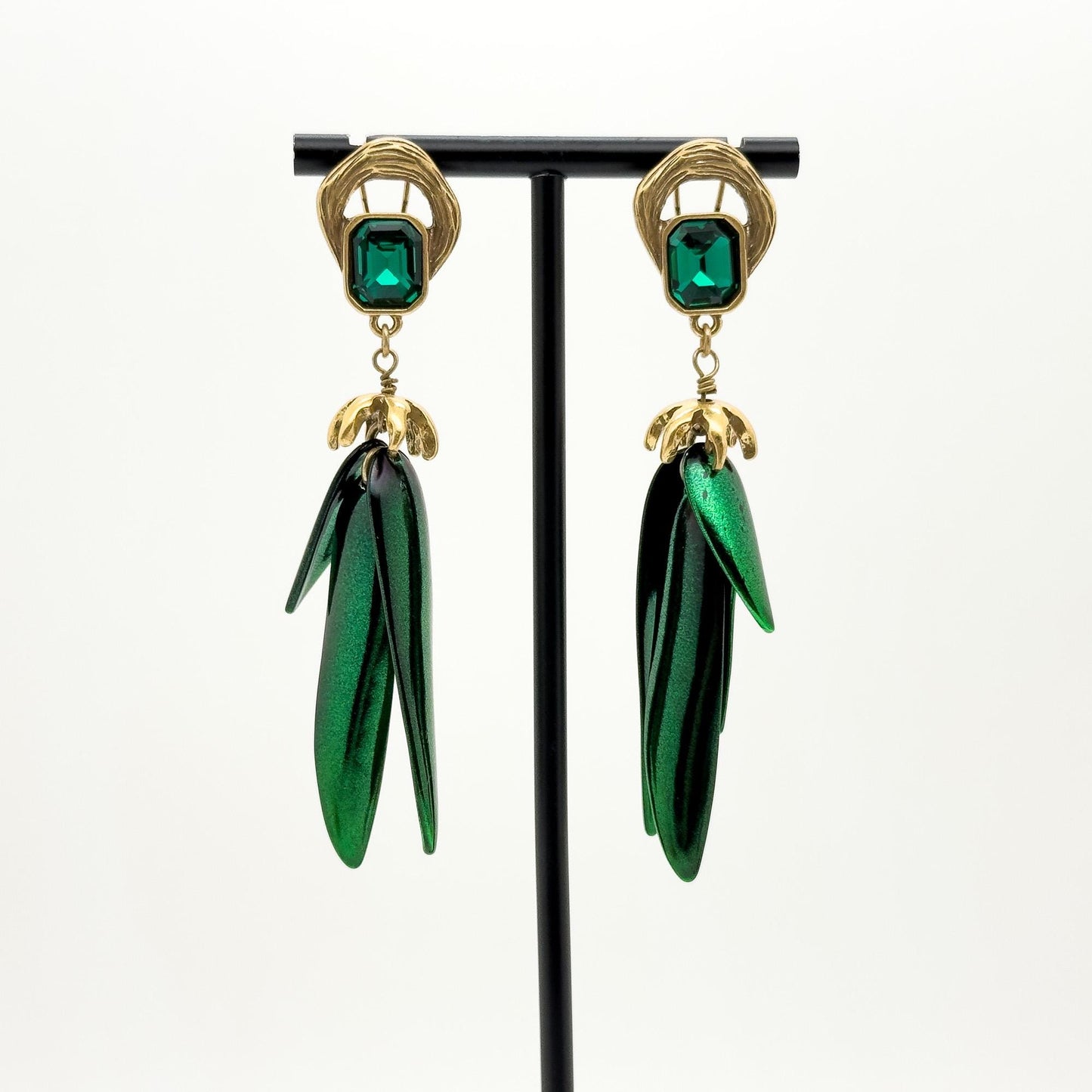 Vintage Art Deco Beetle Wings Emerald Enamel Zircon Stud Earrings