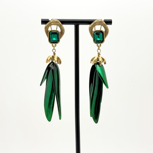 Vintage Art Deco Beetle Wings Emerald Enamel Zircon Stud Earrings