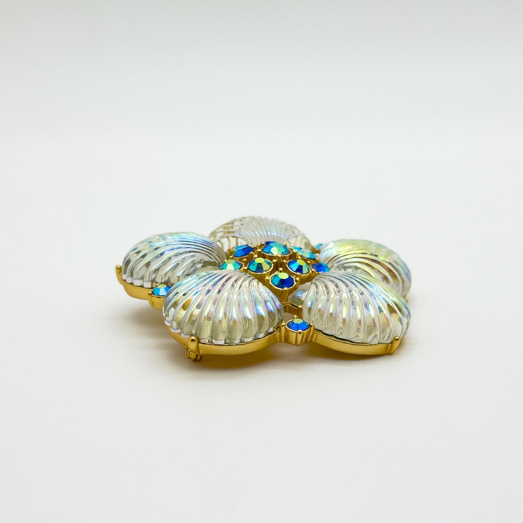 Art Deco Crystal Flower Shell Brooch Pin with Copper Backing