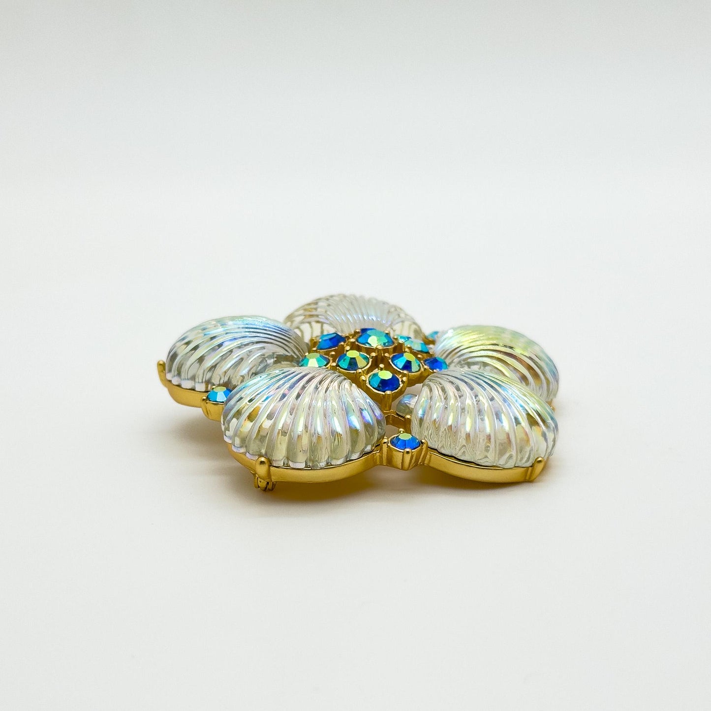 Art Deco Crystal Flower Shell Brooch Pin with Copper Backing