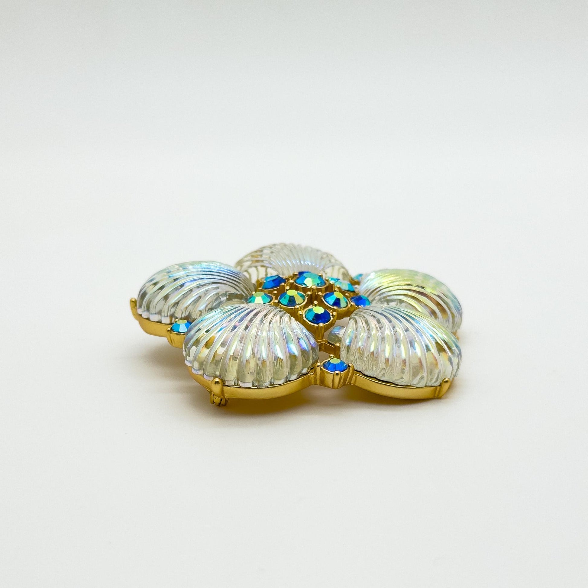 Art Deco Crystal Flower Shell Brooch Pin with Copper Backing