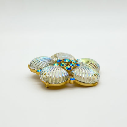 Art Deco Crystal Flower Shell Brooch Pin with Copper Backing