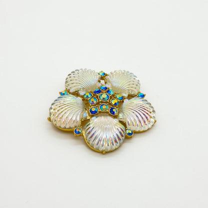 Art Deco Crystal Flower Shell Brooch Pin with Copper Backing