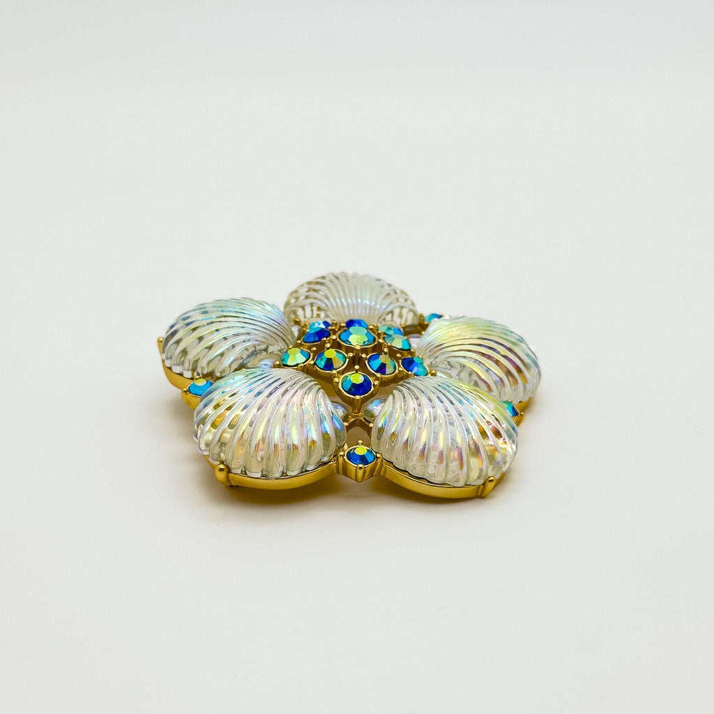 Art Deco Crystal Flower Shell Brooch Pin with Copper Backing