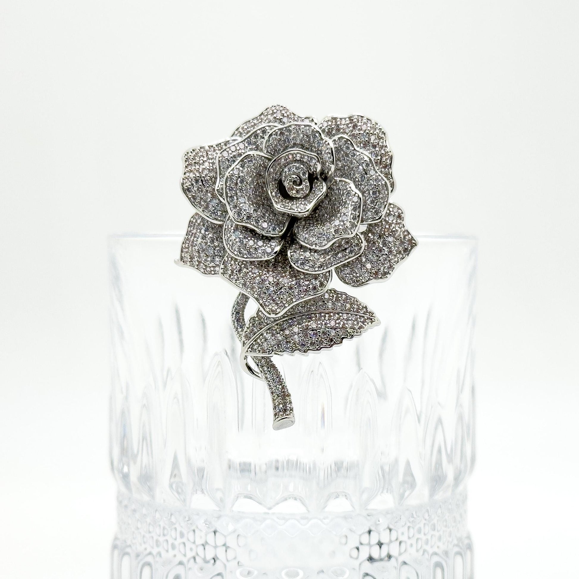 White Rose Crystal Brooch Pendant Personalised Bridal Flower Pin Dual-Use