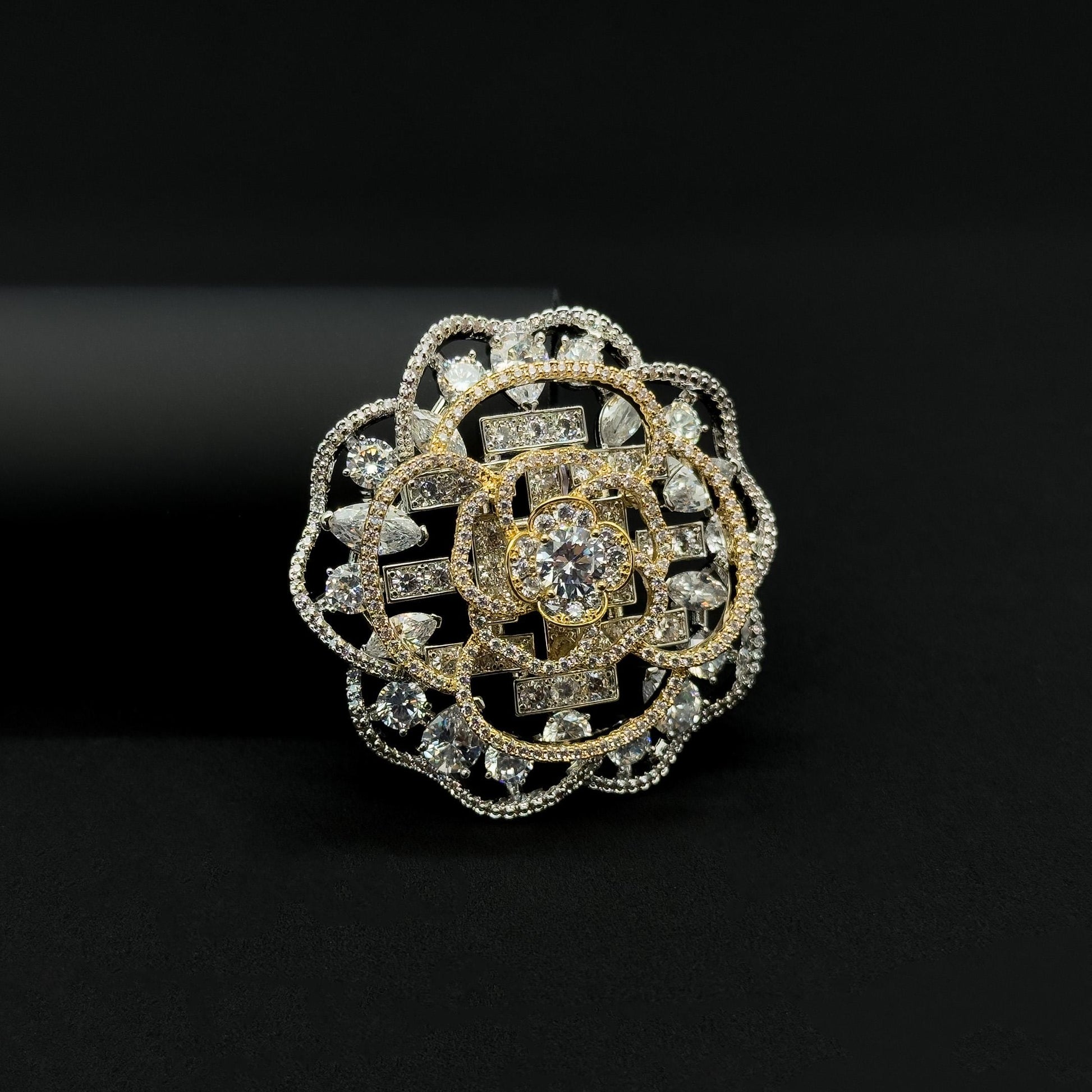 Gold Hollow Flower Brooch with Zircon Rhinestones and Copper