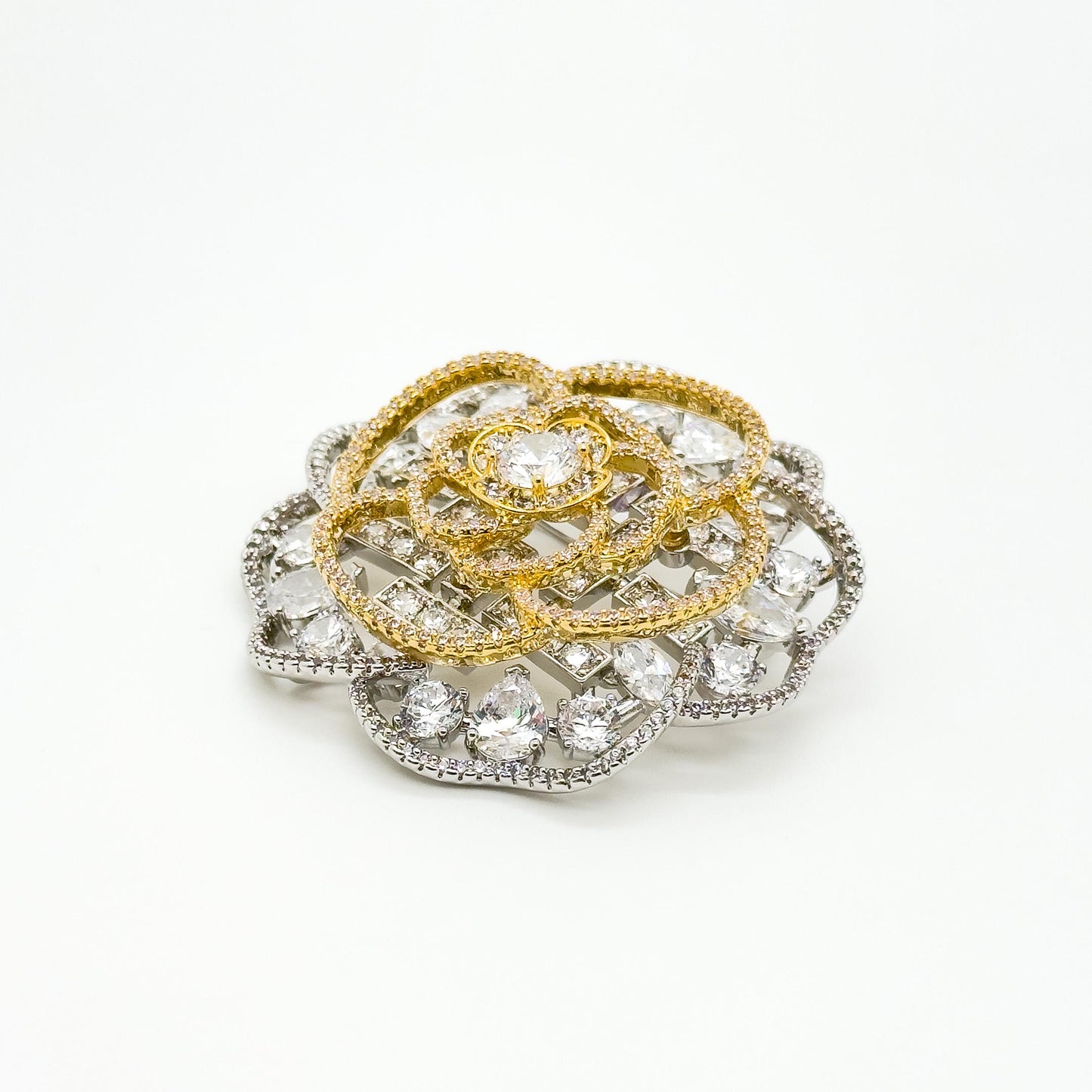 Gold Hollow Flower Brooch with Zircon Rhinestones and Copper