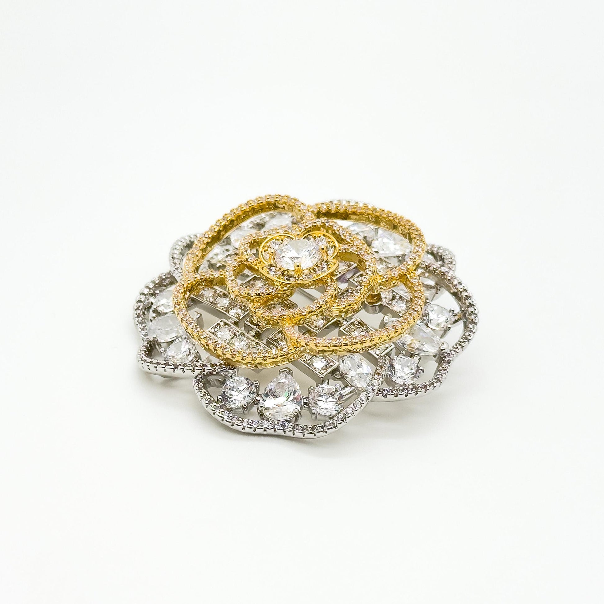 Gold Hollow Flower Brooch with Zircon Rhinestones and Copper
