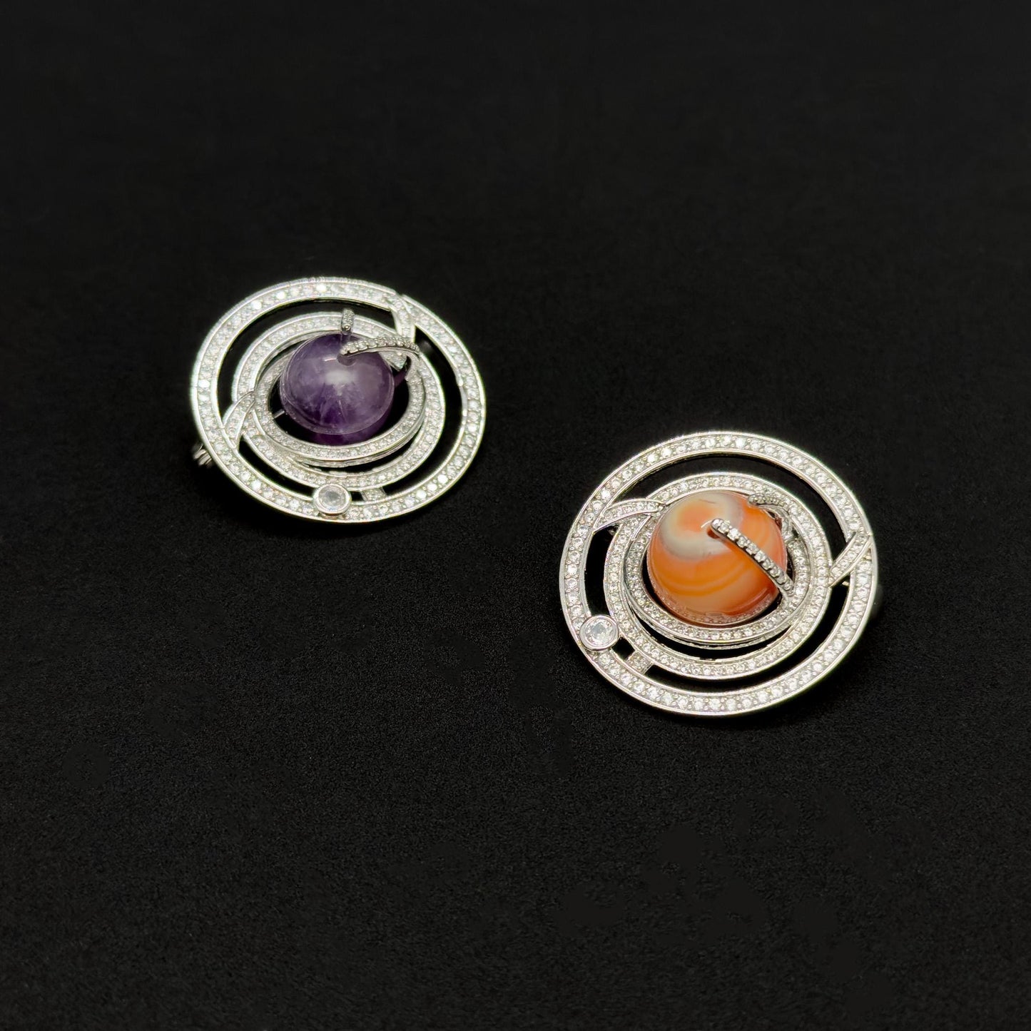 Handmade Stone Planet Brooch Universe Copper Pin Artistic Gift