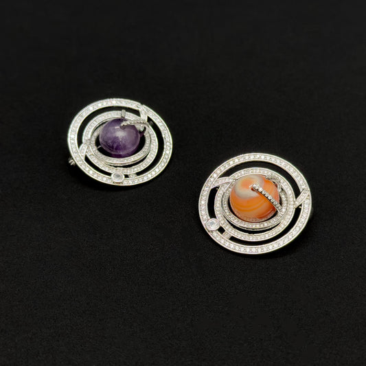 Handmade Stone Planet Brooch Universe Copper Pin Artistic Gift